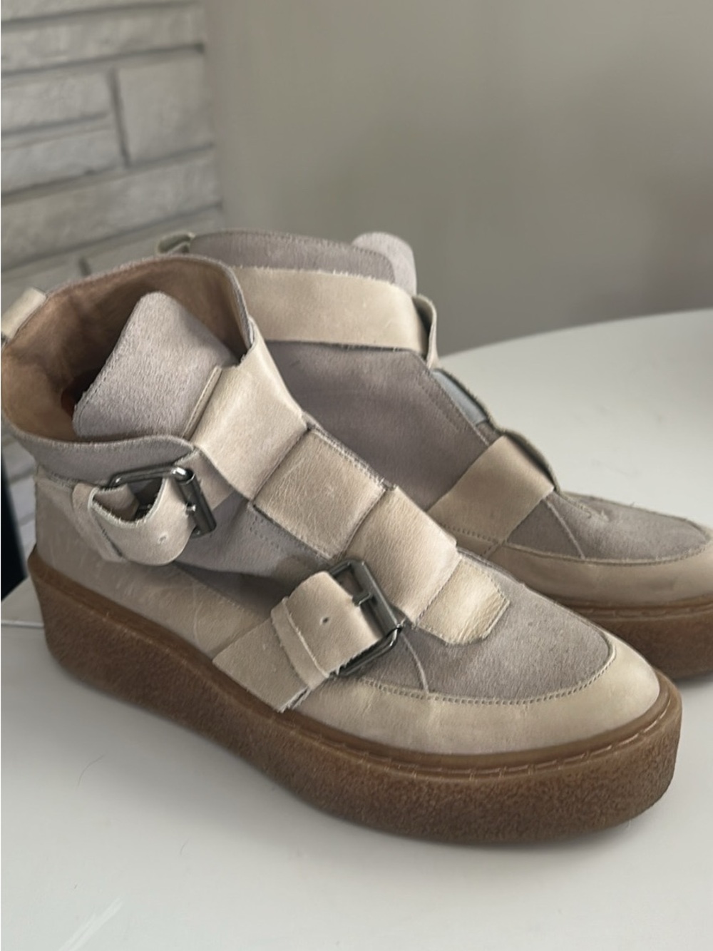 Free People Beige Suede Platform Ankle Boots with Buckle Straps
